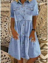 Load image into Gallery viewer, Women&#39;s Denim Shirt Dress Knee Length Dress Blue Dark Blue Short Sleeve Square Ruched Pocket Button Spring  Dress
