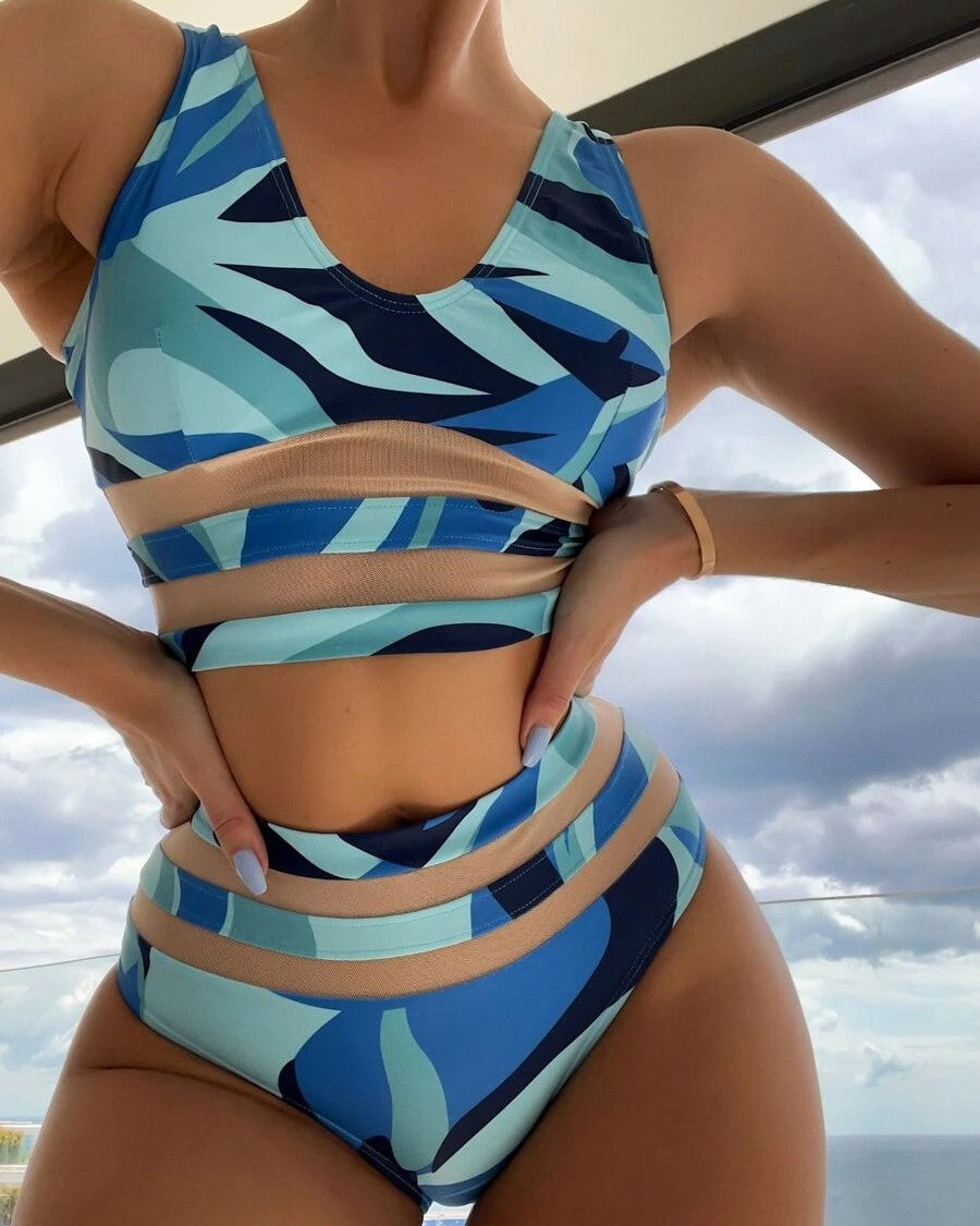 Random Allover Print Contrast Mesh Bikini Swimsuit