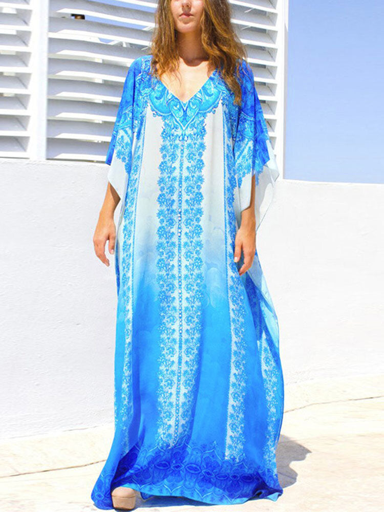 Women Ombre Print V-Neck Sun Protection Maxi Dress Cover Up Swimsuit