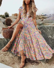 Load image into Gallery viewer, Women&#39;s Boho Floral Print V-Neck Short Sleeve Flared Maxi Dress
