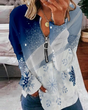 Load image into Gallery viewer, Women&#39;s  Spring Summer Printed Blue Snow Long Sleeve V Neck Blouse
