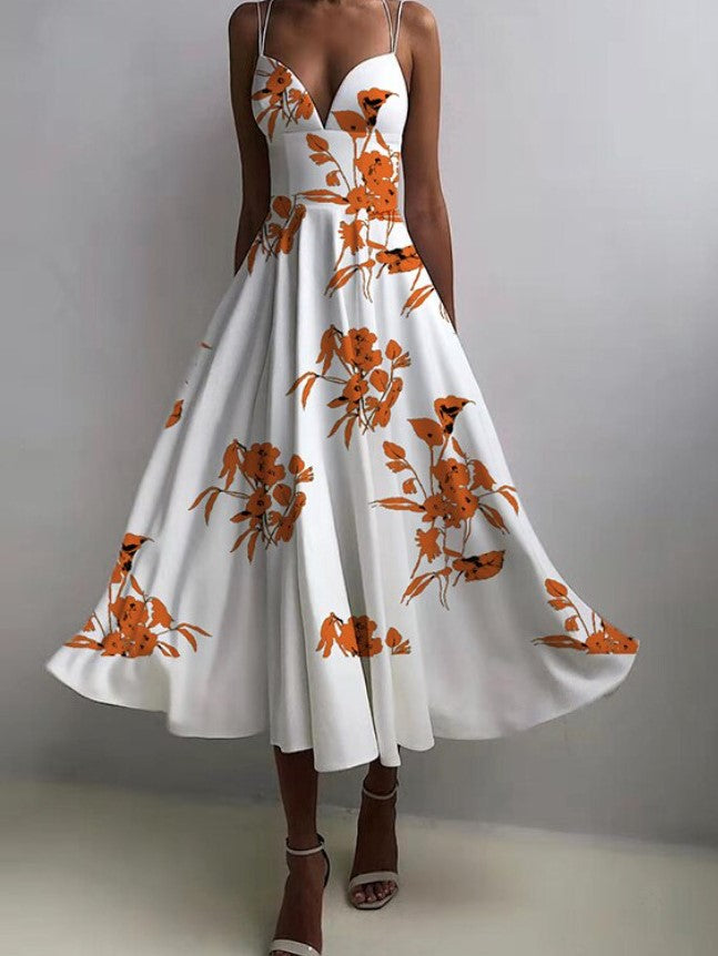 Summer Dress Calf Length in White with Flowers