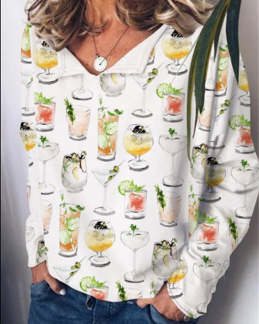 Women's Summer White Printed Multicolor Cups Long Sleeve V Neck Blouse