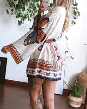 Load image into Gallery viewer, Women Butterfly Print Long V-Neck Sleeve Short Dress
