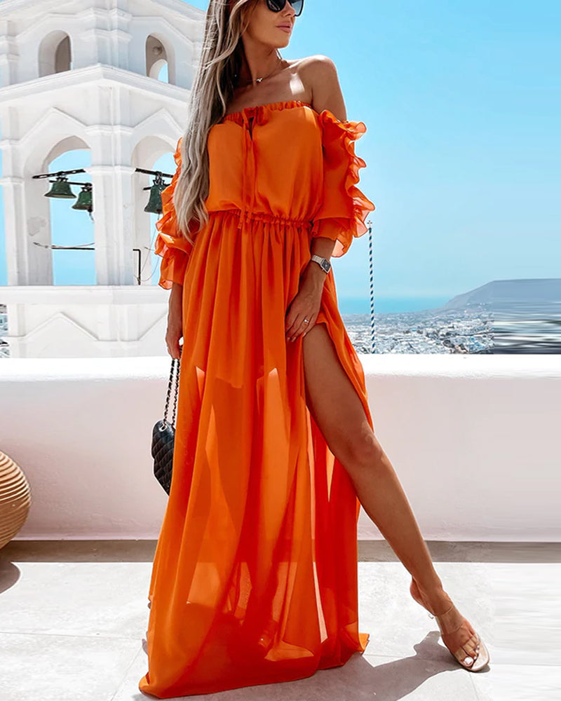 Women's Orange Boat-neck Half Sleeve Maxi Dress