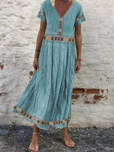 Load image into Gallery viewer, Linen Tribal Shift V Neck Short Sleeve Dresses
