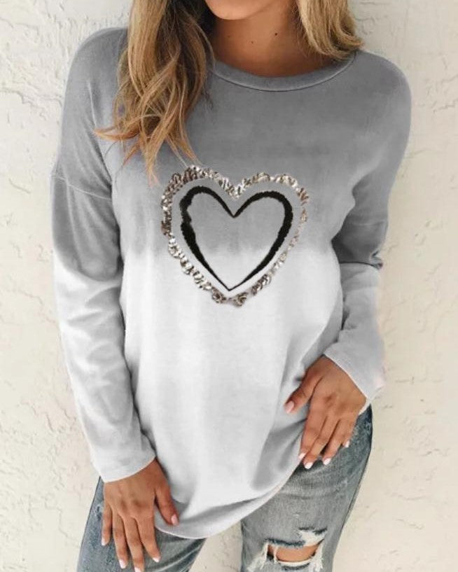 Heart Print Round Neck Long Sleeve T-shirts