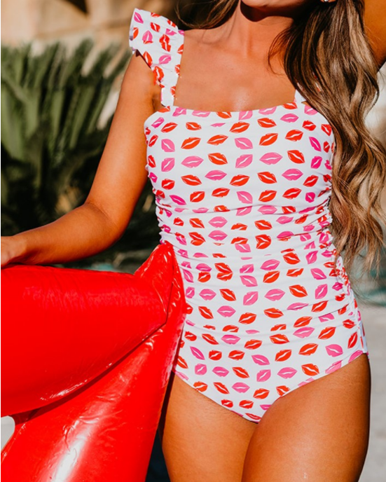 One Piece Swimsuit Red Lip Ruffle