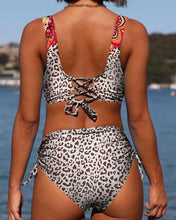 Load image into Gallery viewer, Women&#39;s Floral Leopard Drawstring Side Strappy Criss Cross Bikinis
