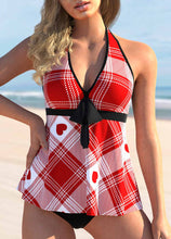 Load image into Gallery viewer, Valentines Plaid and Heart Print Halter Red Tankini Top
