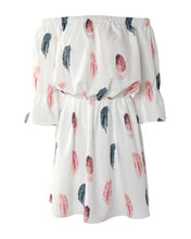 Load image into Gallery viewer, Feather Print Off Shoulder Bell Sleeve Casual Dress
