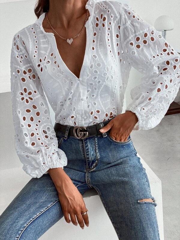 Solid Eyelet Embroidery Notched Blouse