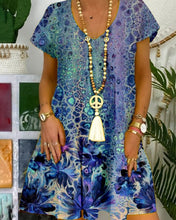 Load image into Gallery viewer, Women&#39;s Blue Green Flower Print V-neck  Short Sleeve Dress
