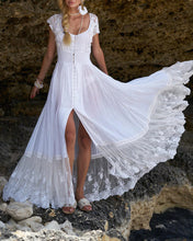 Load image into Gallery viewer, White Solid See Through Lace Embroidery Button Front Slit Flared Hem Contrats Lace Dress
