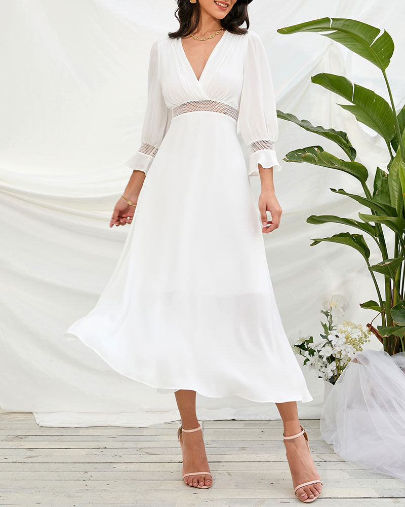 Women's Solid Color White Insert Hollow Out Surplice Neck A-line Dress