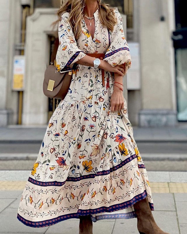 Women Bohemian printed V-Neck Half Sleeve Dress