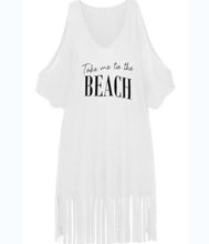 Load image into Gallery viewer, Women&#39;s Letter Print V-Neck Cold Shoulder Tassel Fringe Hem Loose Fit Casual Beach Dresses
