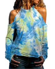 Load image into Gallery viewer, Blue Tie Dye Long Sleeve Off the Shoulder Blouses

