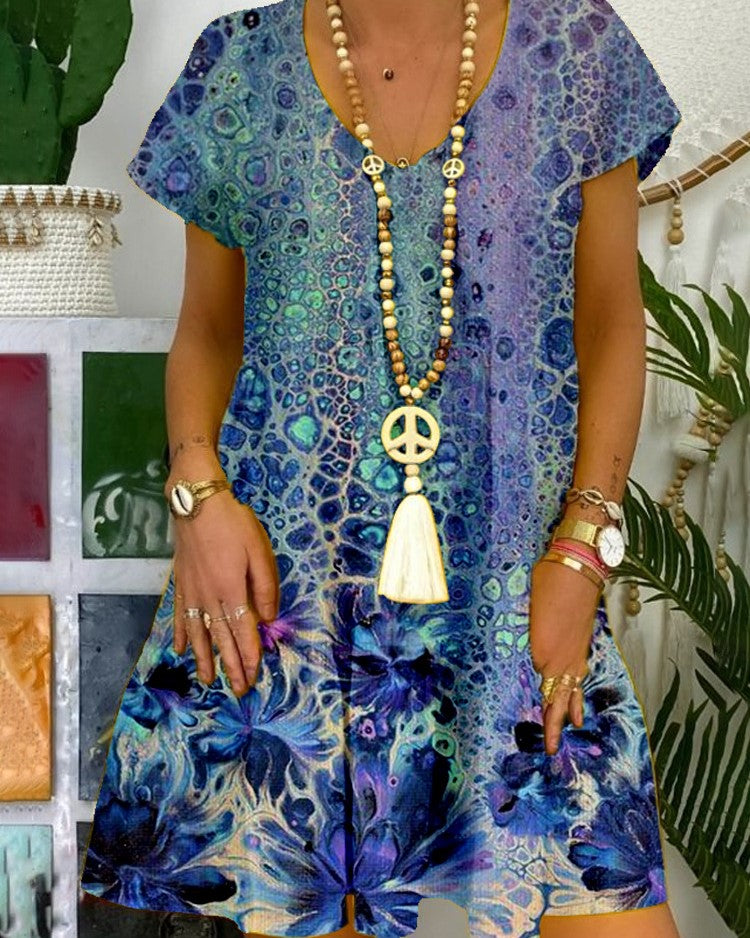 Women's Blue Green Flower Print V-neck  Short Sleeve Dress