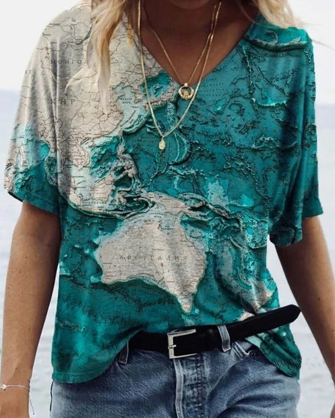 Women's Short Sleeve Map Printed T-Shirts