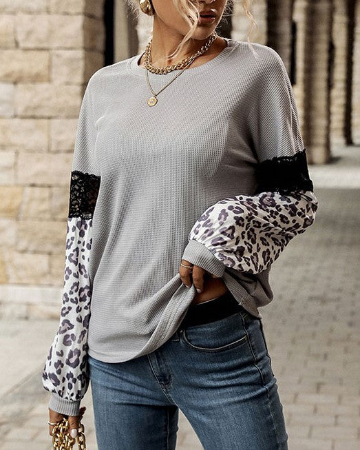 Lace Leopard Round Neck Long Sleeve Blouses
