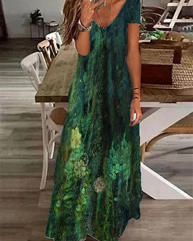 Women's Green Print V-neck  Short Sleeve Dress