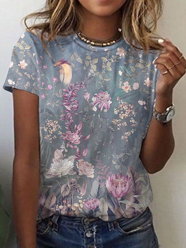 Women's Floral Theme Abstract Painting T shirt Floral Graphic Print Round Neck Basic Tops
