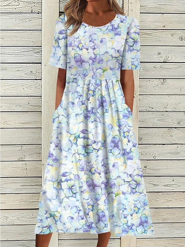 Women's A Line Dress Midi Dress Blue Short Sleeve Floral Ruched Print Spring Summer Crew Neck Stylish Modern