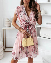 Load image into Gallery viewer, Floral Print Pleated Belted Wrap Dress
