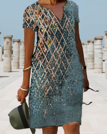 Women's Color Print V-neck  Short Sleeve Dress