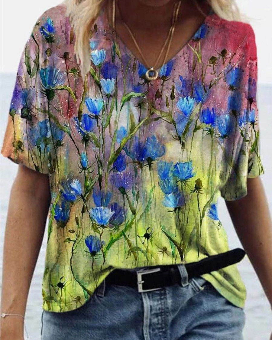 Women Flower Pattern V-Neck Printed Short Sleeve T-Shirts