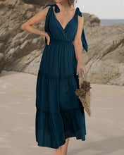 Load image into Gallery viewer, Women&#39;s Elegant Solid Color Dark Blue Surplice Neck A-line Flared Ruffle Hem 	Sleeveless Long Dress
