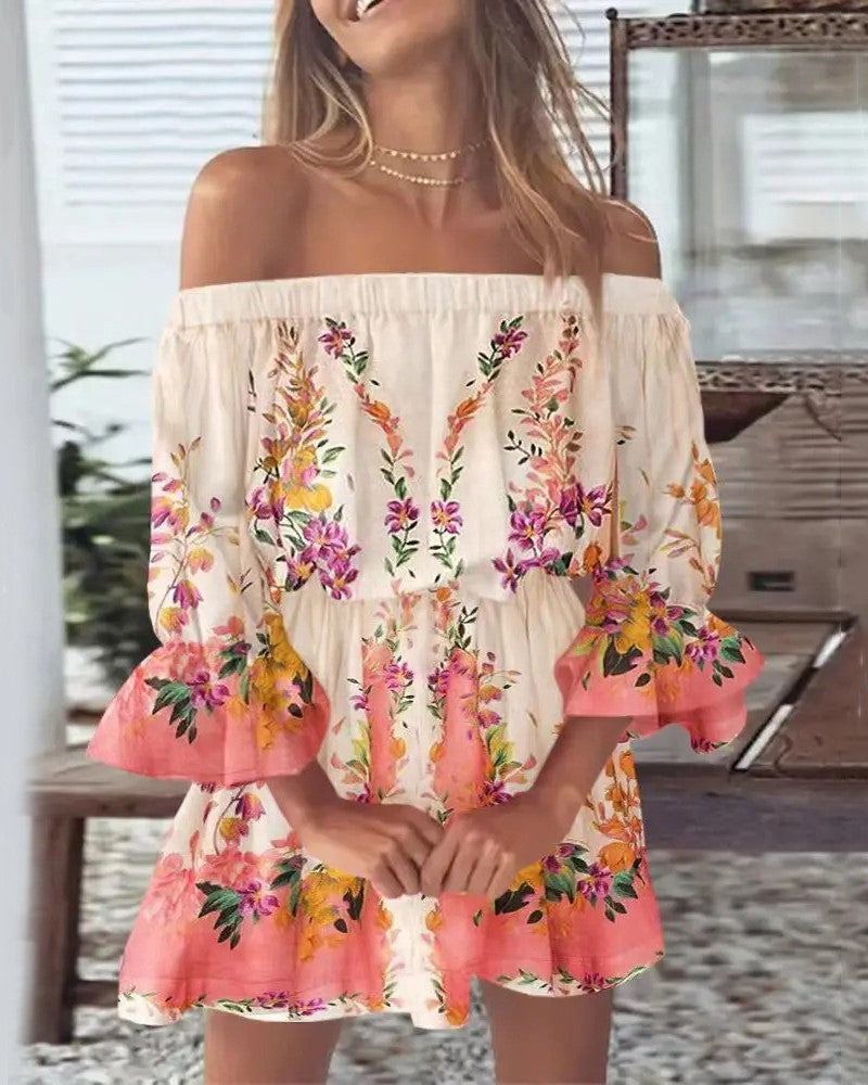 Women's Flower Print Boat-neck  Half Sleeve Dress