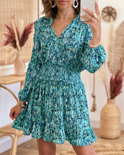 Load image into Gallery viewer, Women&#39;s Boho Ditsy Floral Notched Neck Long Sleeve Shirred Waist Mini Dress
