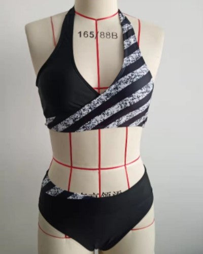 Women's Color Block Striped Sequin Halter V-Neck Sexy Bikini