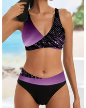 Load image into Gallery viewer, Women&#39;s Gradient Purple Glitter Striped Print Patchwork V-Neck Mid Waist Sexy Bikinis
