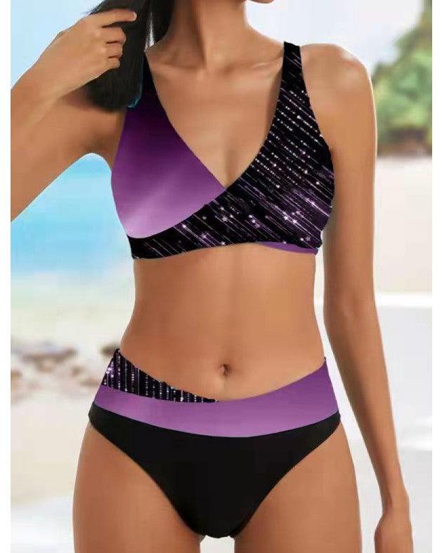 Women's Gradient Purple Glitter Striped Print Patchwork V-Neck Mid Waist Sexy Bikinis