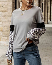Load image into Gallery viewer, Lace Leopard Round Neck Long Sleeve Blouses
