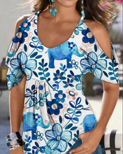 Load image into Gallery viewer, Women&#39;s Round Neck Blue Floral Printed Cold Shoulder Loose Blouse
