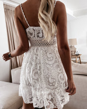 Load image into Gallery viewer, Solid White Lace Contrast Mesh Tassel Decor Flared Ruffle Hem Mini Cami Dress
