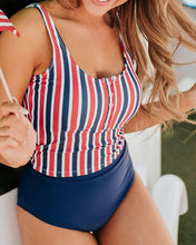 Load image into Gallery viewer, Button Front One piece Swim Top In American Stripe
