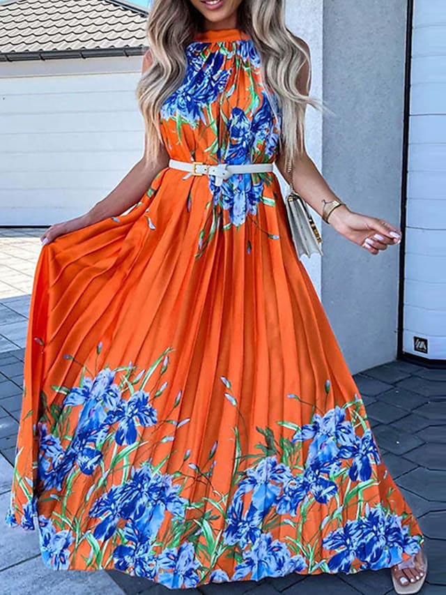 Women's A Line Dress Maxi long Dress Green White Blue Fuchsia Orange Sleeveless Floral Ruched Lace up Print