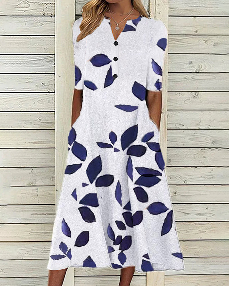 Women's Casual Leaf Print Notched Neck Flared Hem Button Front Midi Dress