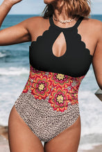 Load image into Gallery viewer, Halter Neck Scallop Trim Cutout Leopard Floral Color Block One-Piece Swimsuit
