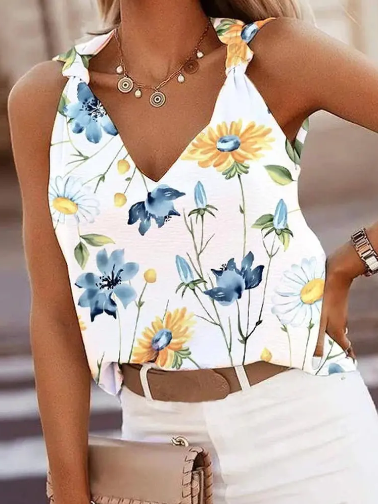 Floral Print Knotted Detail V-Neck Tank Top