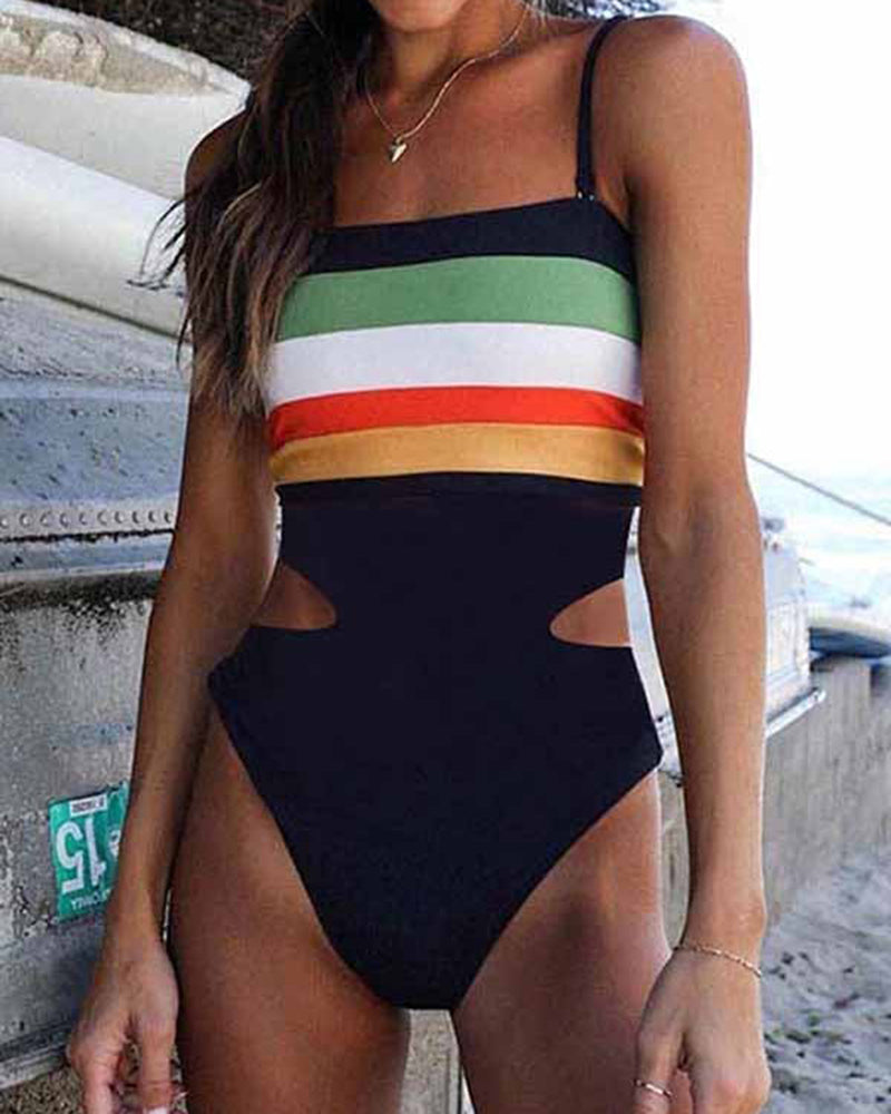 Sleeveless Striped Spaghetti Strap One Piece Bikini
