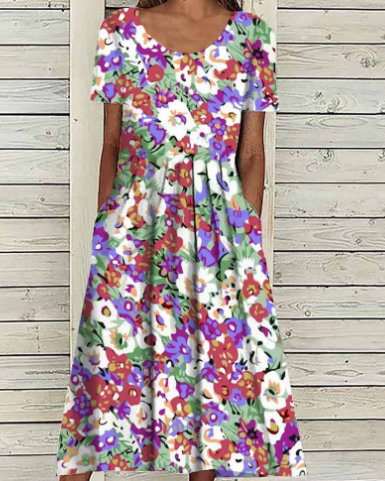 Women's  Multicolor Flower U-neck  Short Sleeve Dress