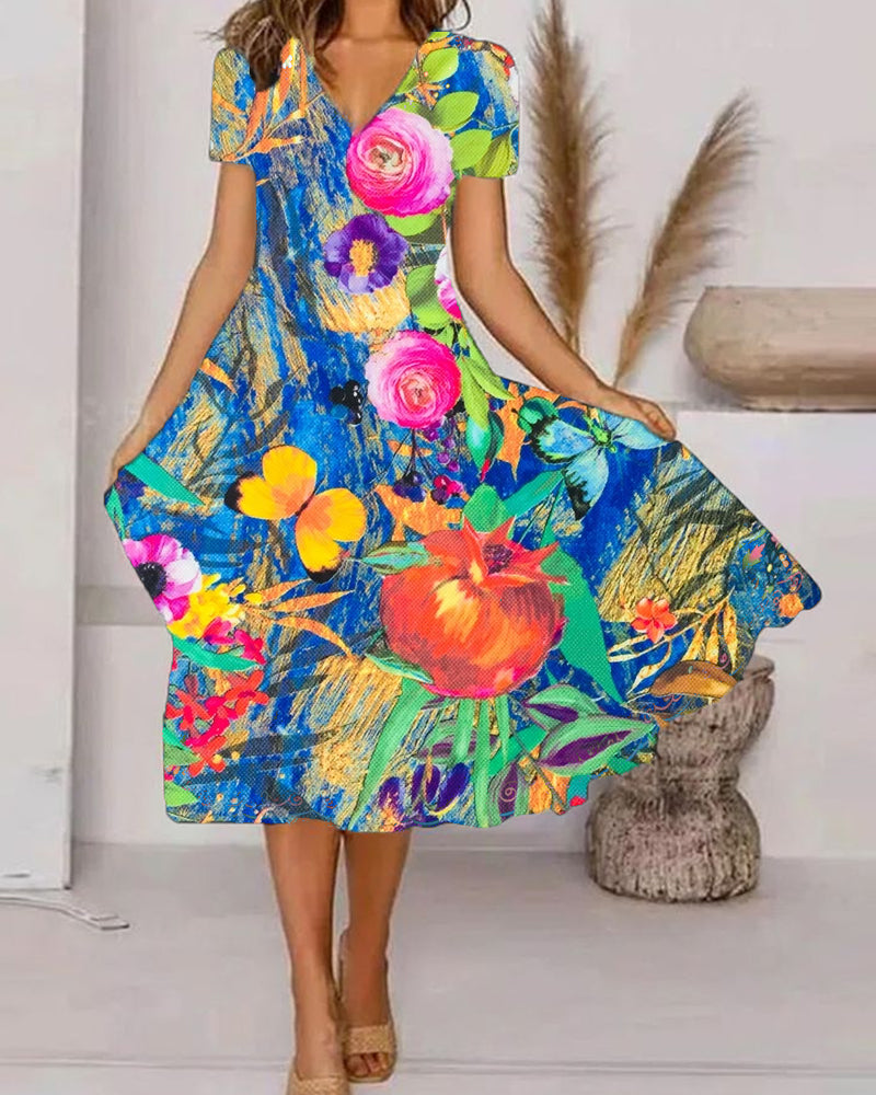 Women's Boho Floral Print Short Sleeve High Waist A-line Midi Dress