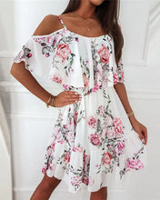 Load image into Gallery viewer, Floral Print Cold Shoulder Ruffle Hem Chiffon Dress
