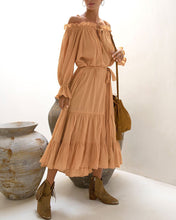 Load image into Gallery viewer, Women&#39;s Solid Color Khaki Off Shoulder Half Sleeve Puff Sleeve Flared Hem Long Dress
